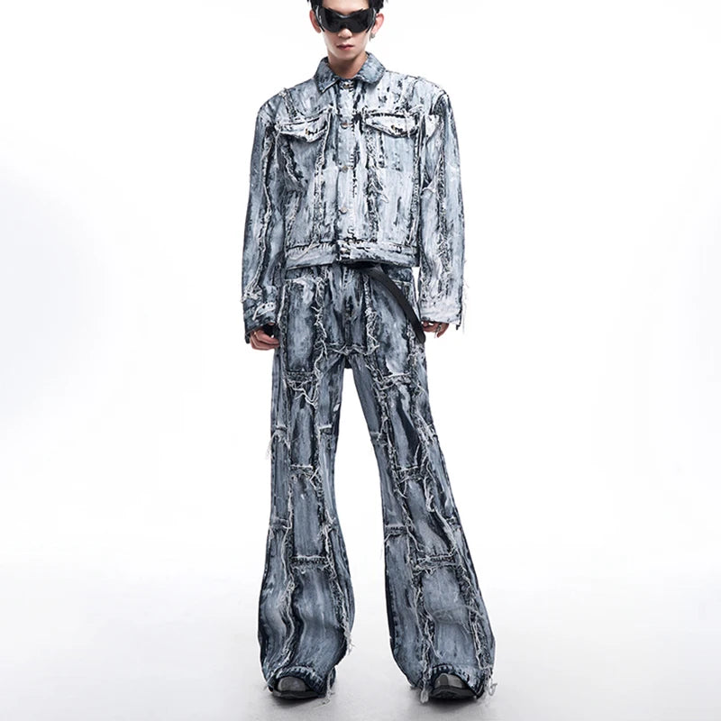 Raw Edge Single Breasted Denim Pants Set