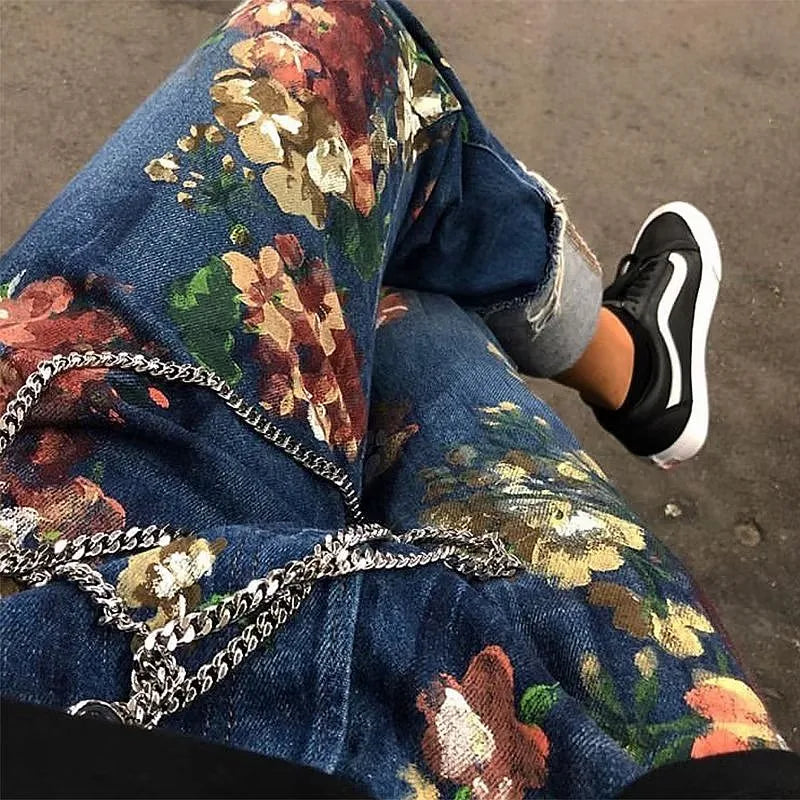 Flowers Printed Loose Jeans