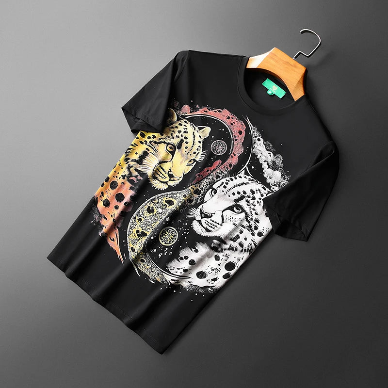 Rhinestone Animal Printed Round Neck T-Shirt