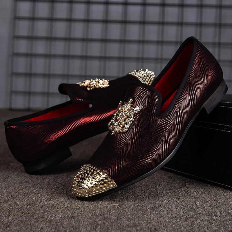 Red Steel-Toed Metal Appliques Loafers