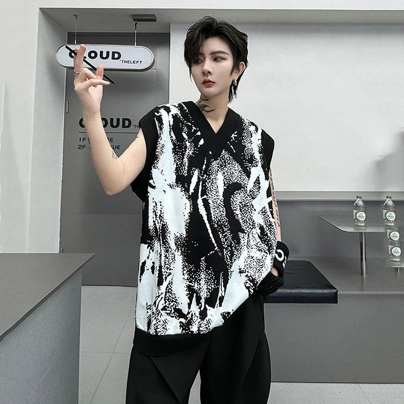 Abstract Pattern V-neck Loose Tank Top