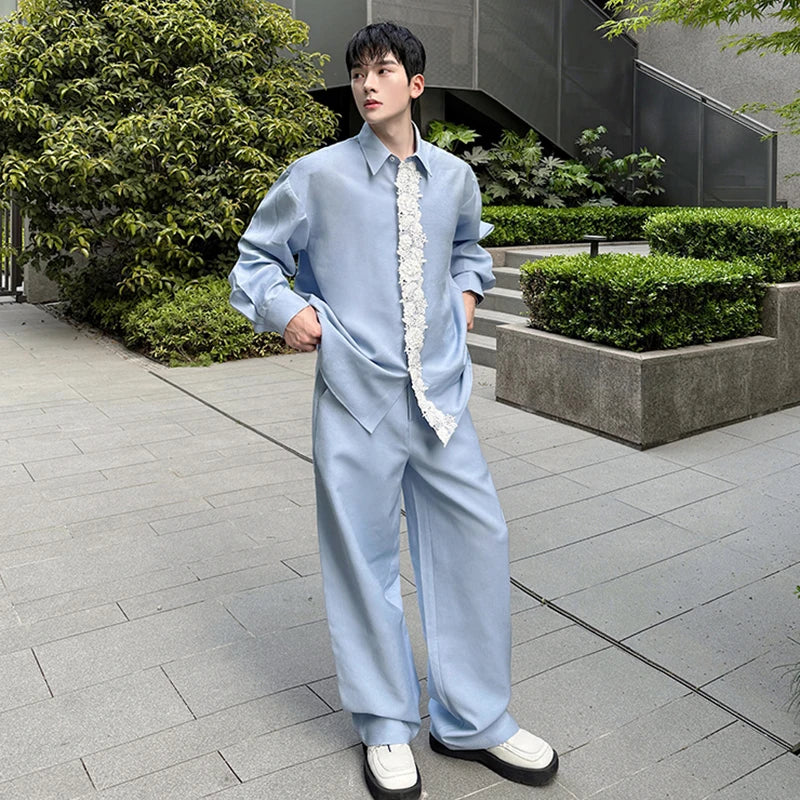 Lace Patchwork Sky Blue Color Pants Set