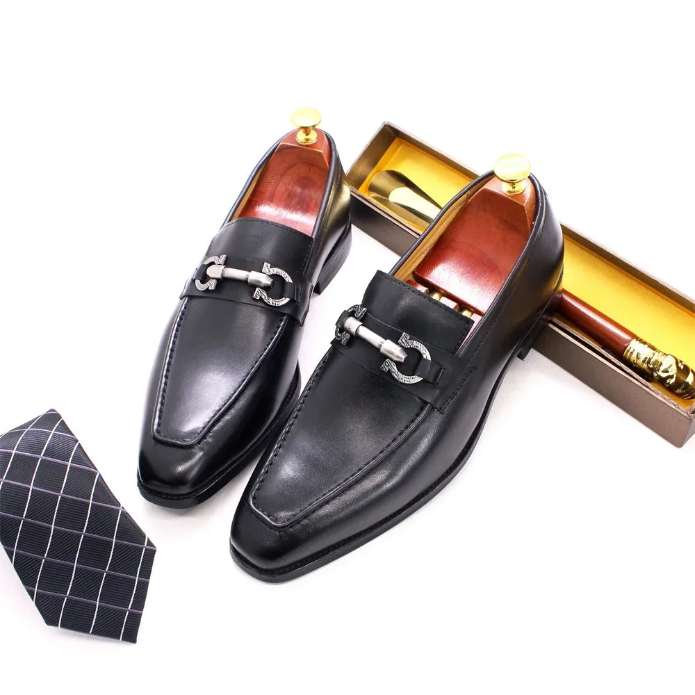 Black Color Leather Metal Appliques Loafers
