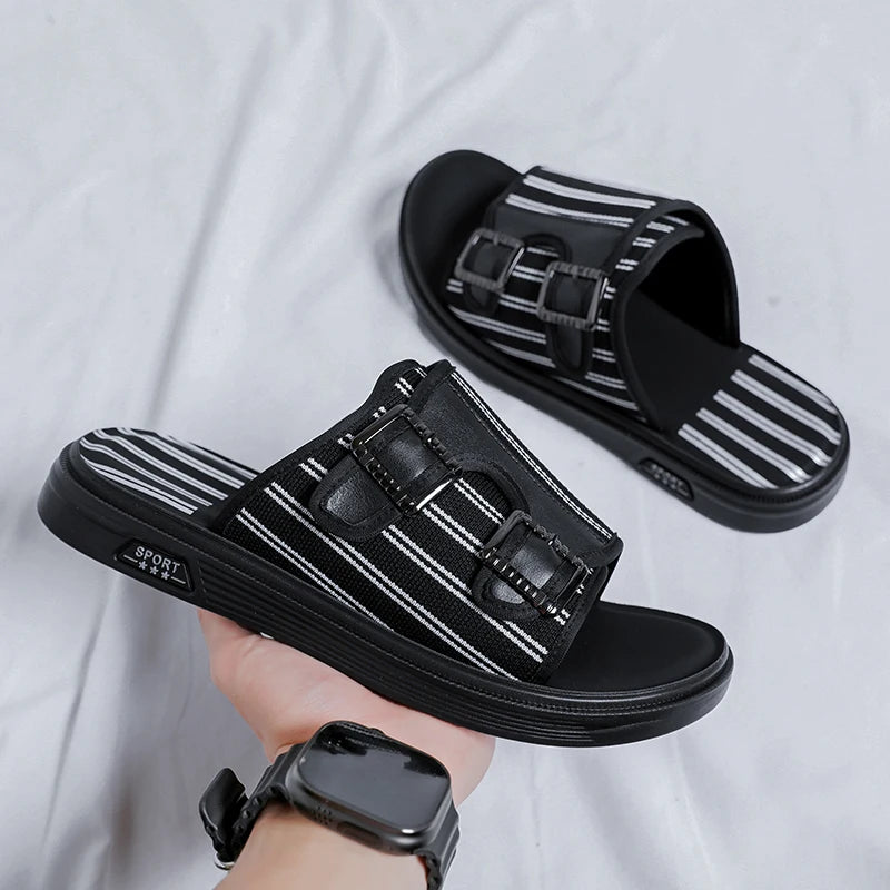 Black Stripes Pattern Canvas Slippers