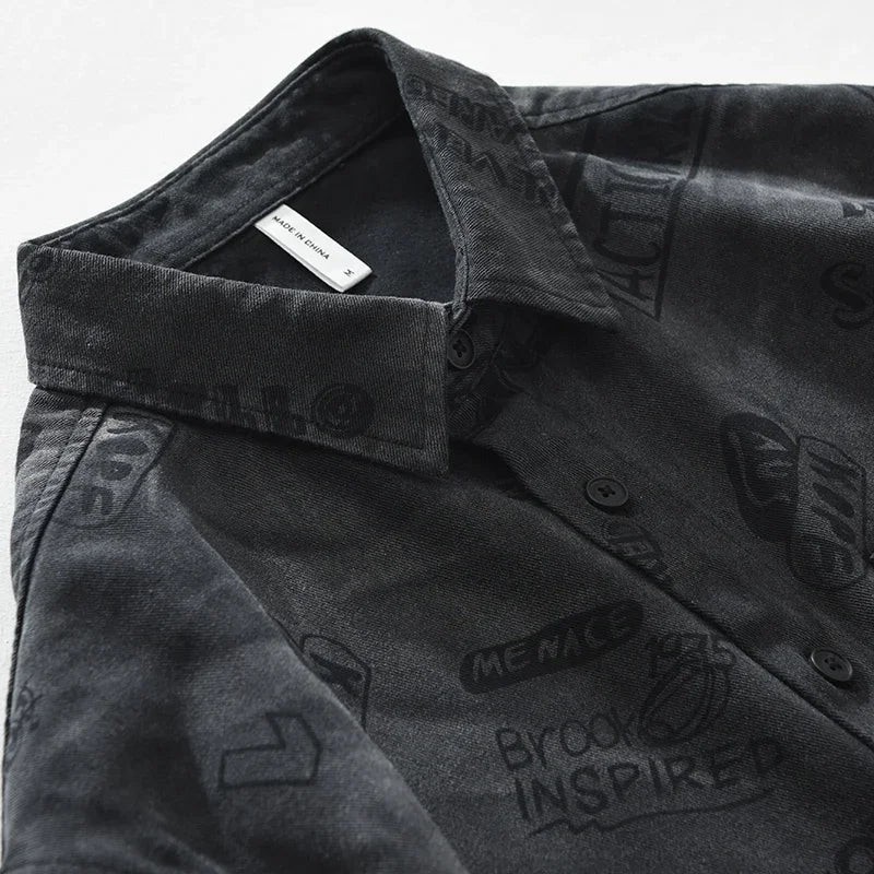 Black Washed Denim Letter Printed Shirt