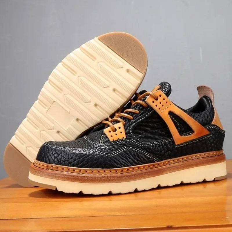 Black Leather Platform Lace-Up Sneakers