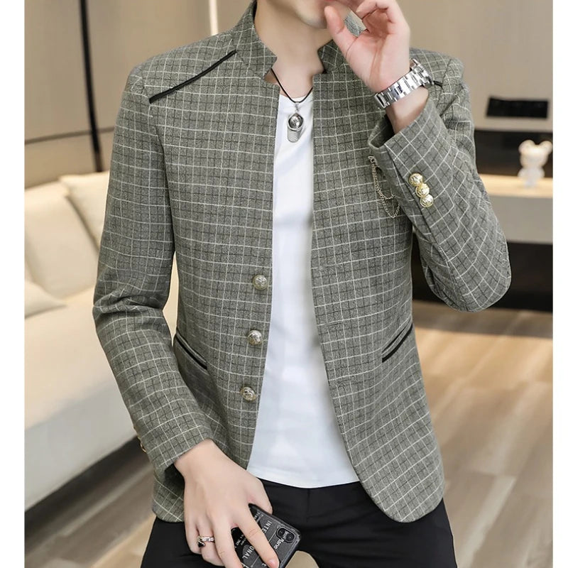 Thick Plaid Pattern Stand Collar Blazer