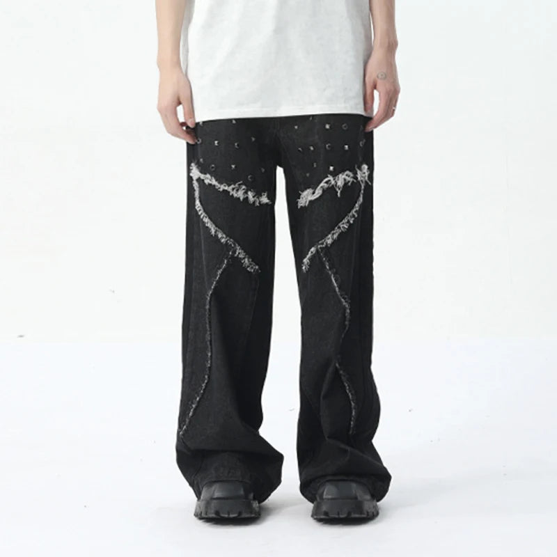 Rivet Patchwork Fringe Loose Jeans