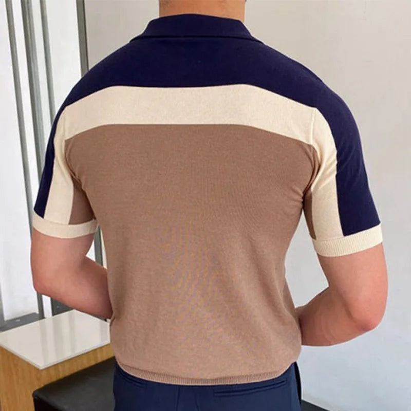 Khaki Color Block Knitted Polo Shirt