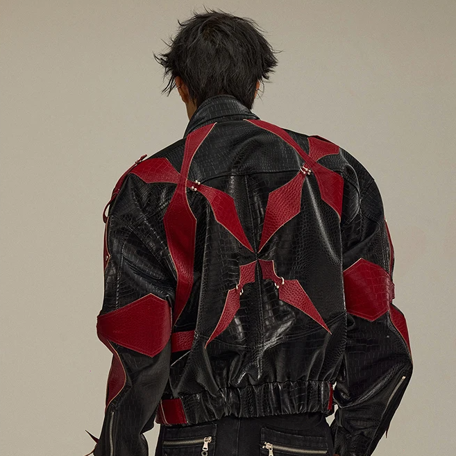 Red Black Patchwork Pu Leather Jacket
