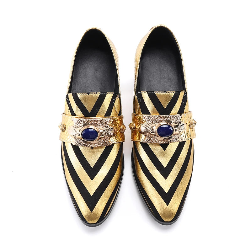 Luxurious Gold Leather with Rivets and Stripes Shoes