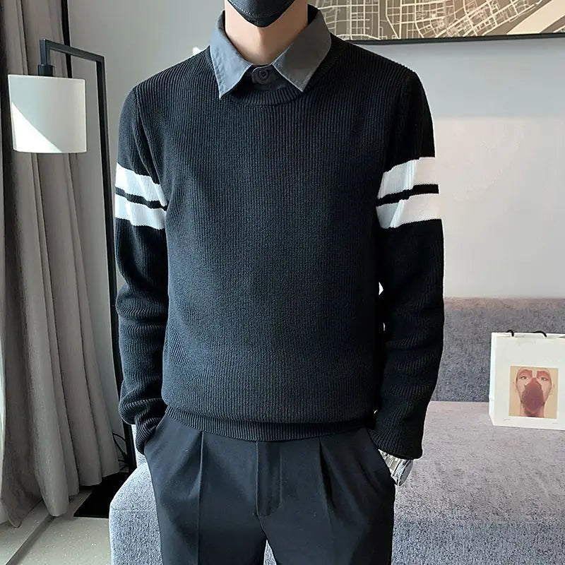Fake Two Pieces Spliced Stripe Sweater