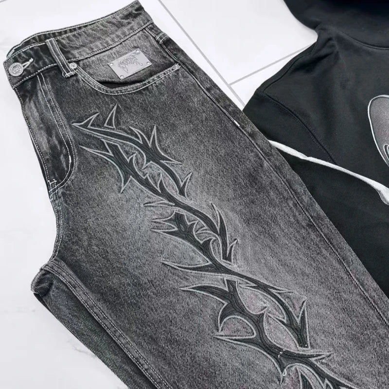 Retro Grey-Black Thorn Embroidery Jeans
