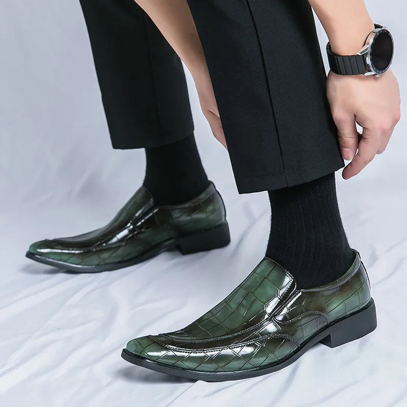 Square-Toe Crocs Skin Pattern Leather Loafers