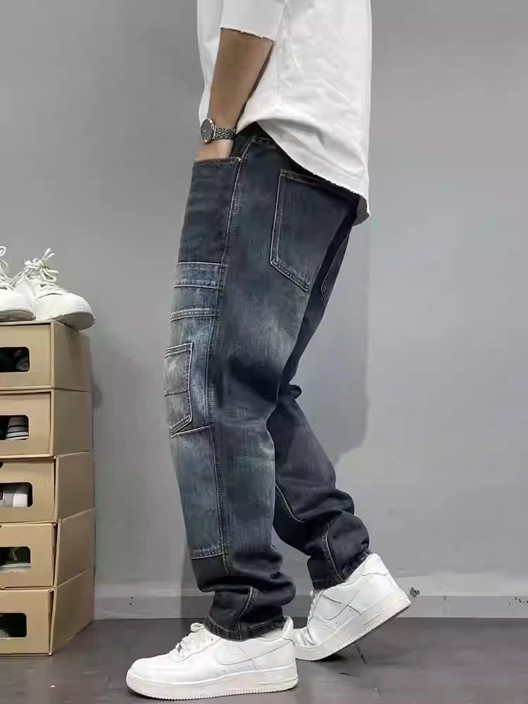 Patchwork Pockets Straight Leg Jeans