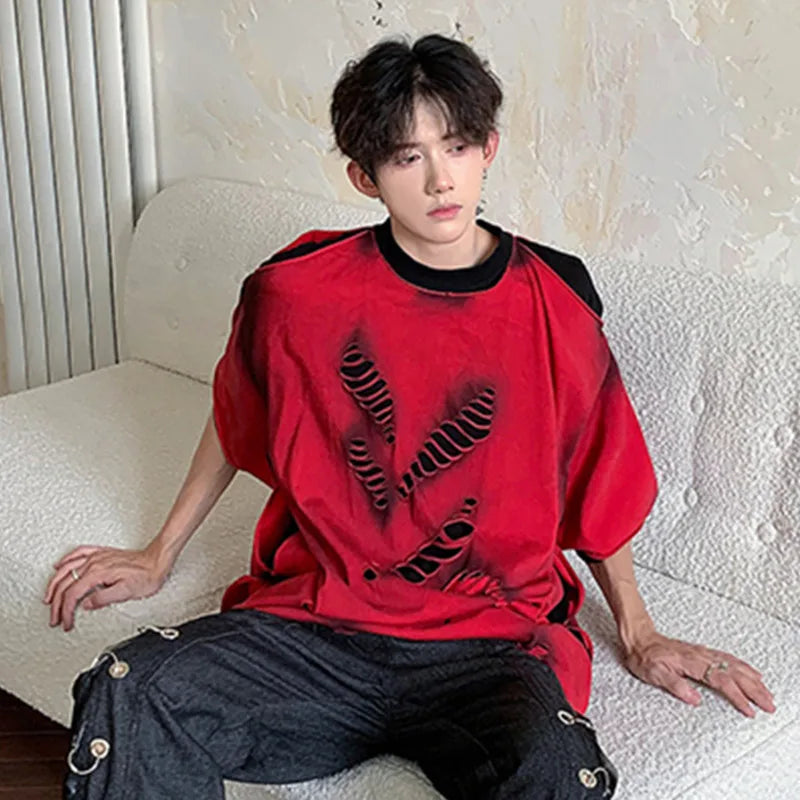 Contrast Color Broken Holes Red T-Shirt