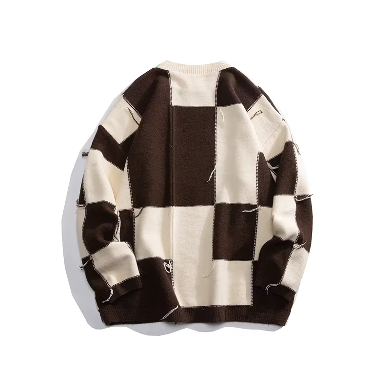 Checkerboard Round Neck Knitted Sweater