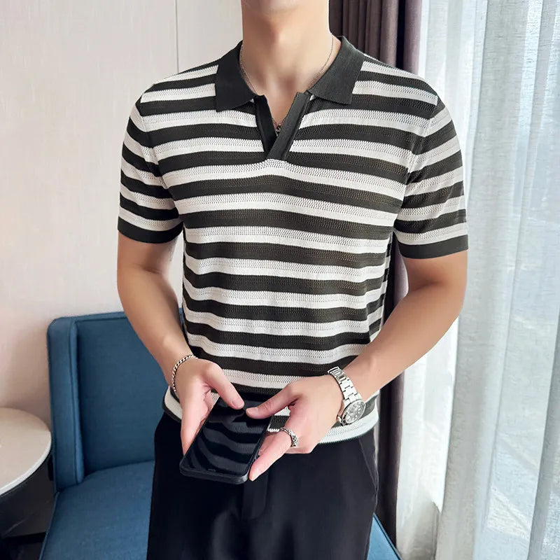Striped V-Cut Short Sleeve Polo Shirt