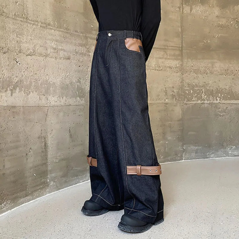 Thickened Denim PU Patchwork Pants Set