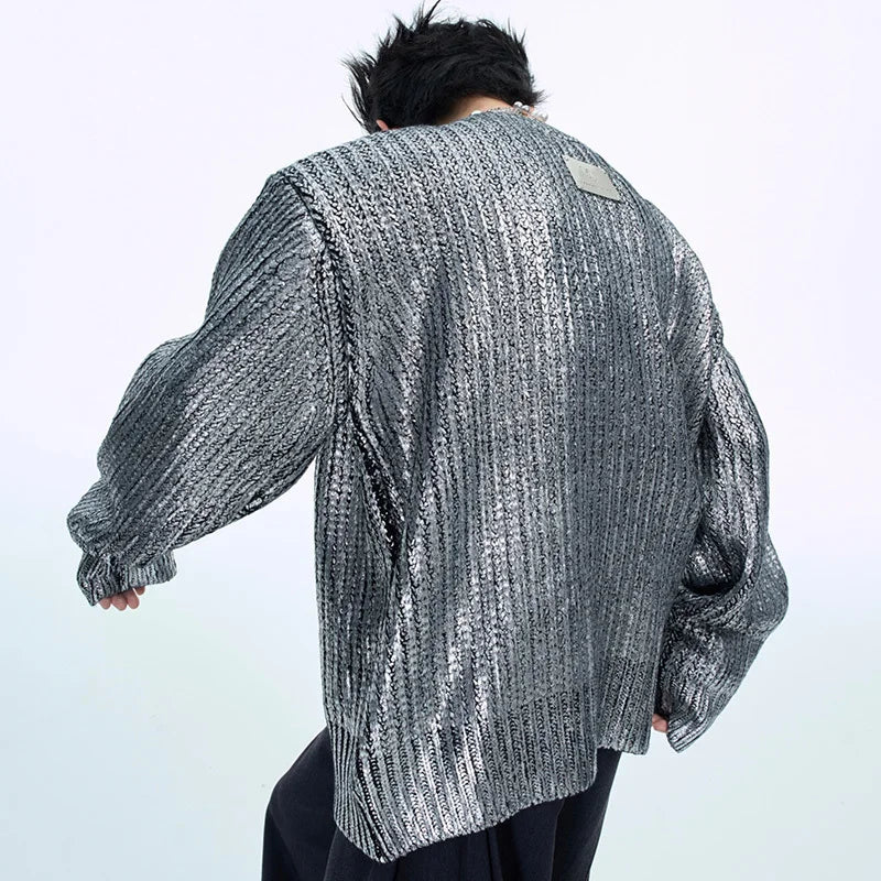 Deep V-Neck Silver Knitted Loose Cardigan