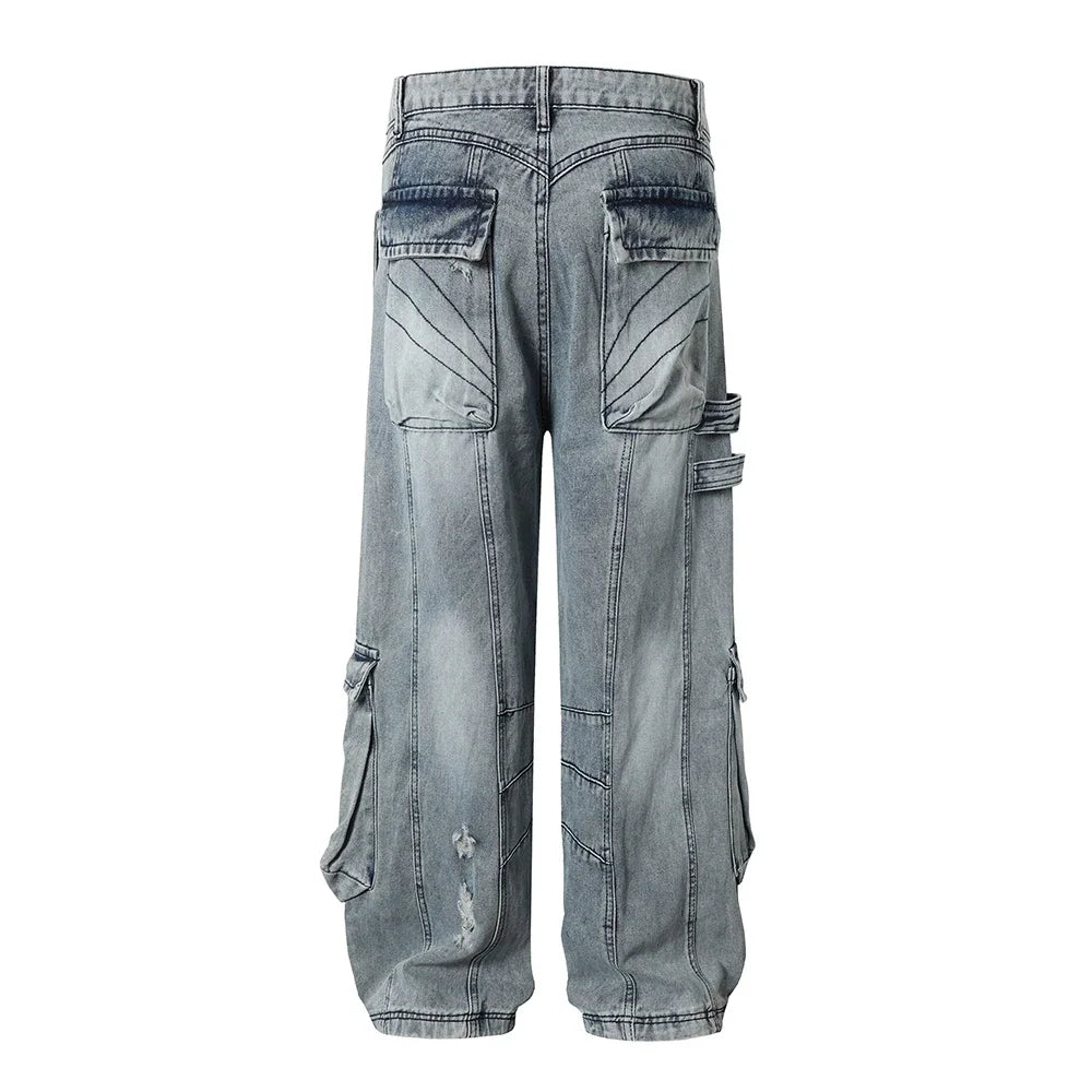 Distressed Hole Washed Blue Baggy Jeans