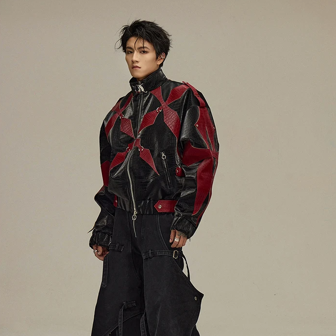 Red Black Patchwork Pu Leather Jacket
