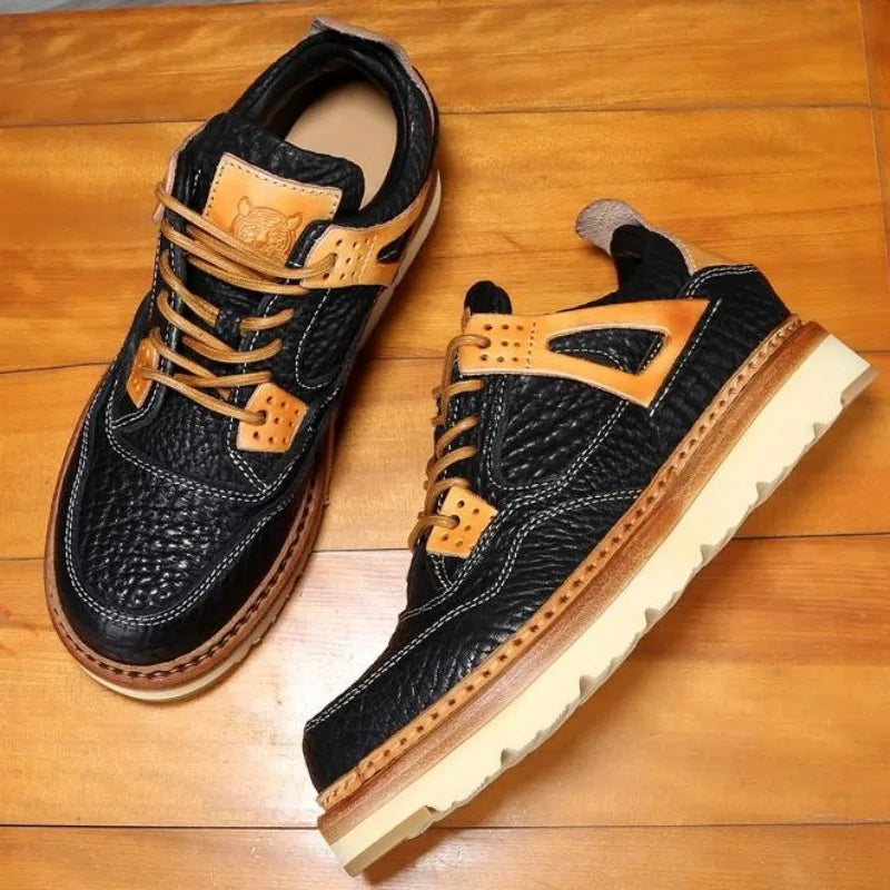 Black Leather Platform Lace-Up Sneakers