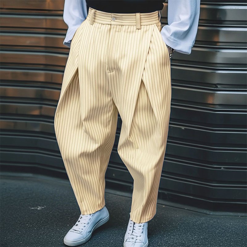Striped Button Pleated Oversized Pants