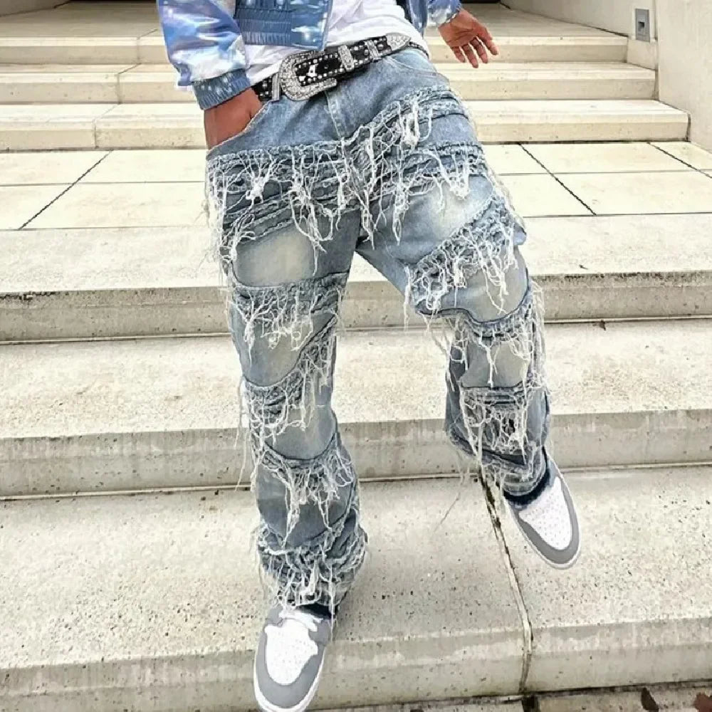 Ripped Spliced Straight Denim Jeans