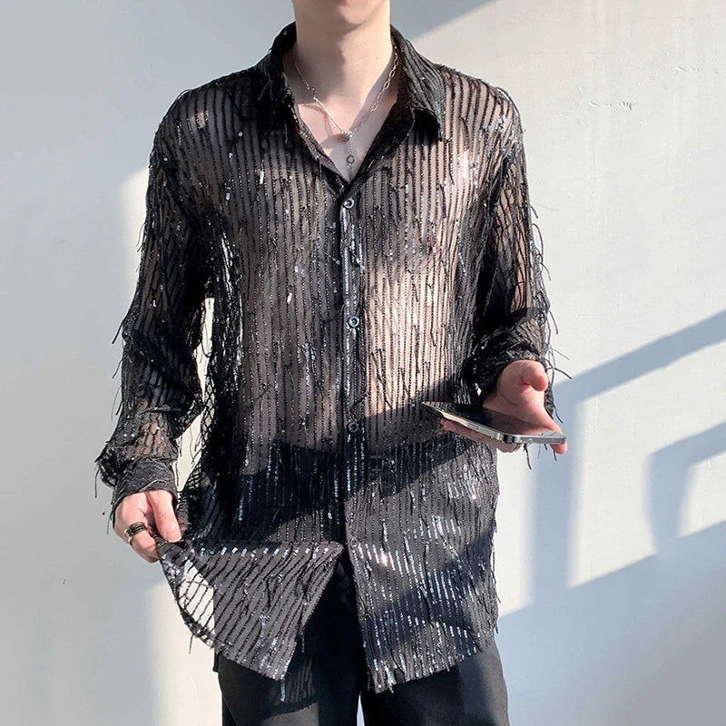 Tassel Sequins Lapel Thin Loose Shirt