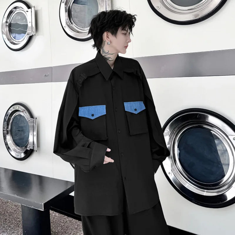 Black Patchwork Pockets Long-Sleeved Shirt