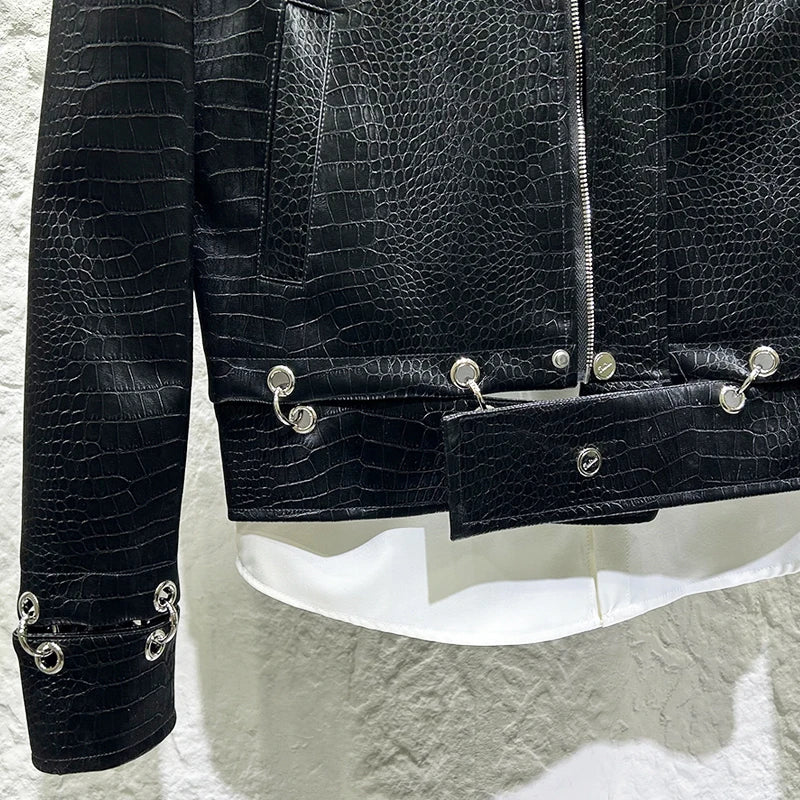 Metal Splicing Crocodile Leather Jacket