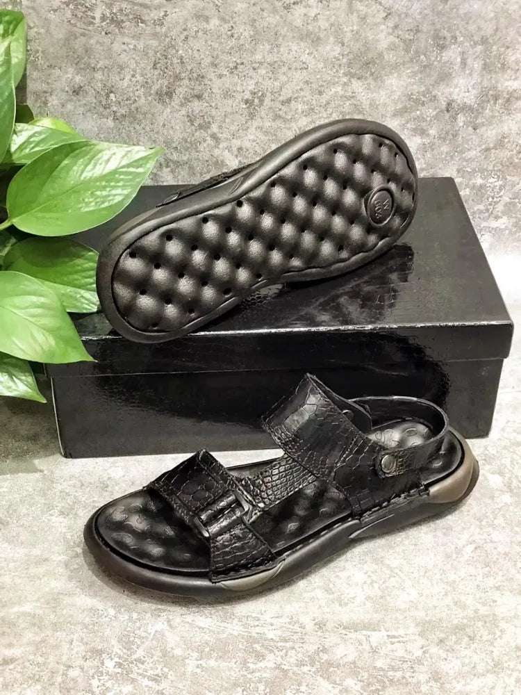 Black Crocodile Skin Leather Sandals