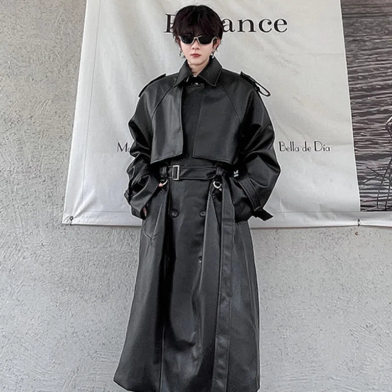 Double Breasted with Belt PU Leather Coat