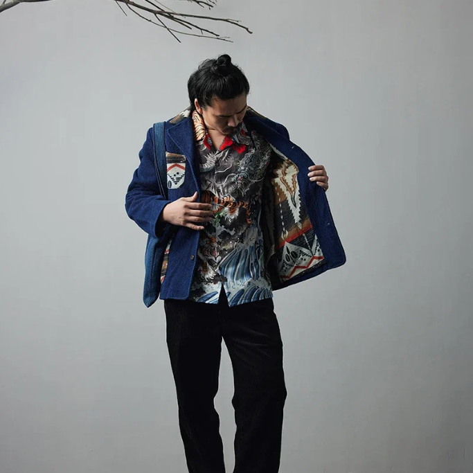 Retro Blue Dye Lapel Thick Jacket