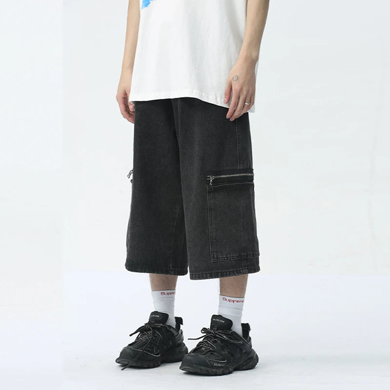 Black Color Zipper Pockets Shorts
