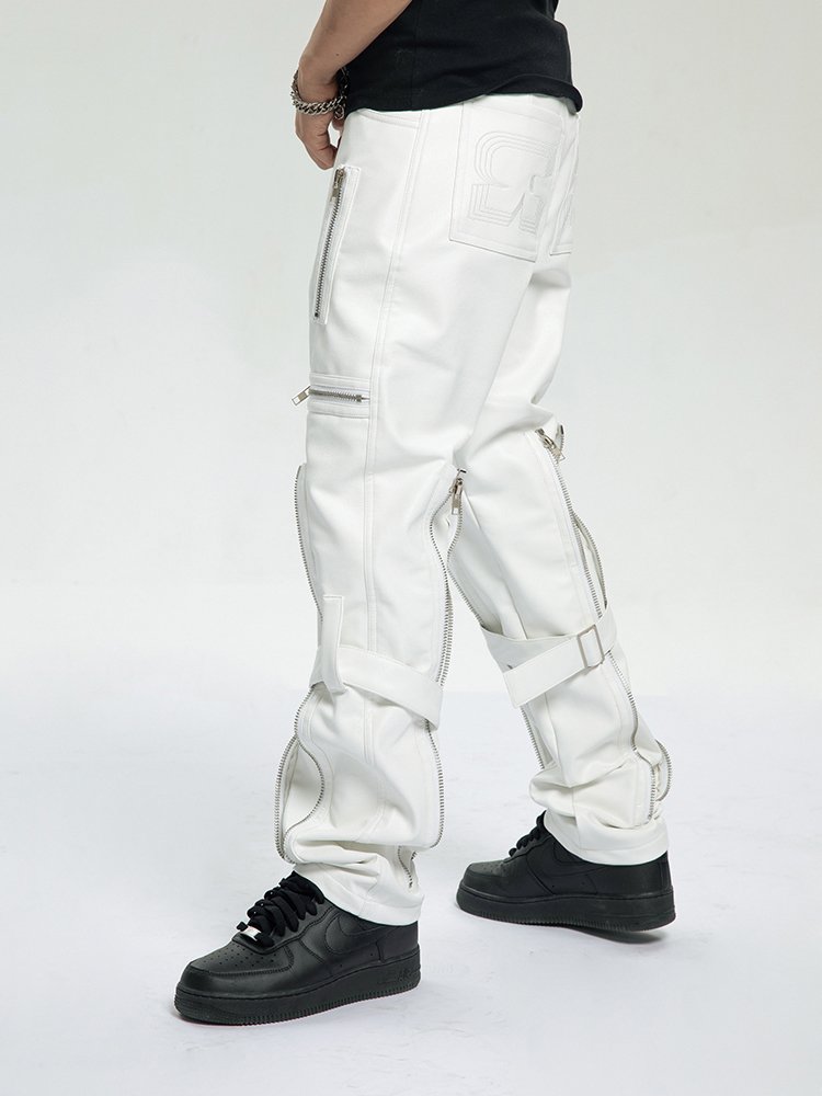 Multi-Zippers Belt Leather Pants