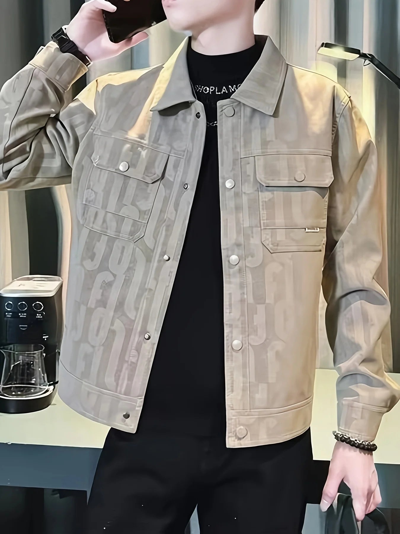 Letter Printed Design Button-Up Jacket