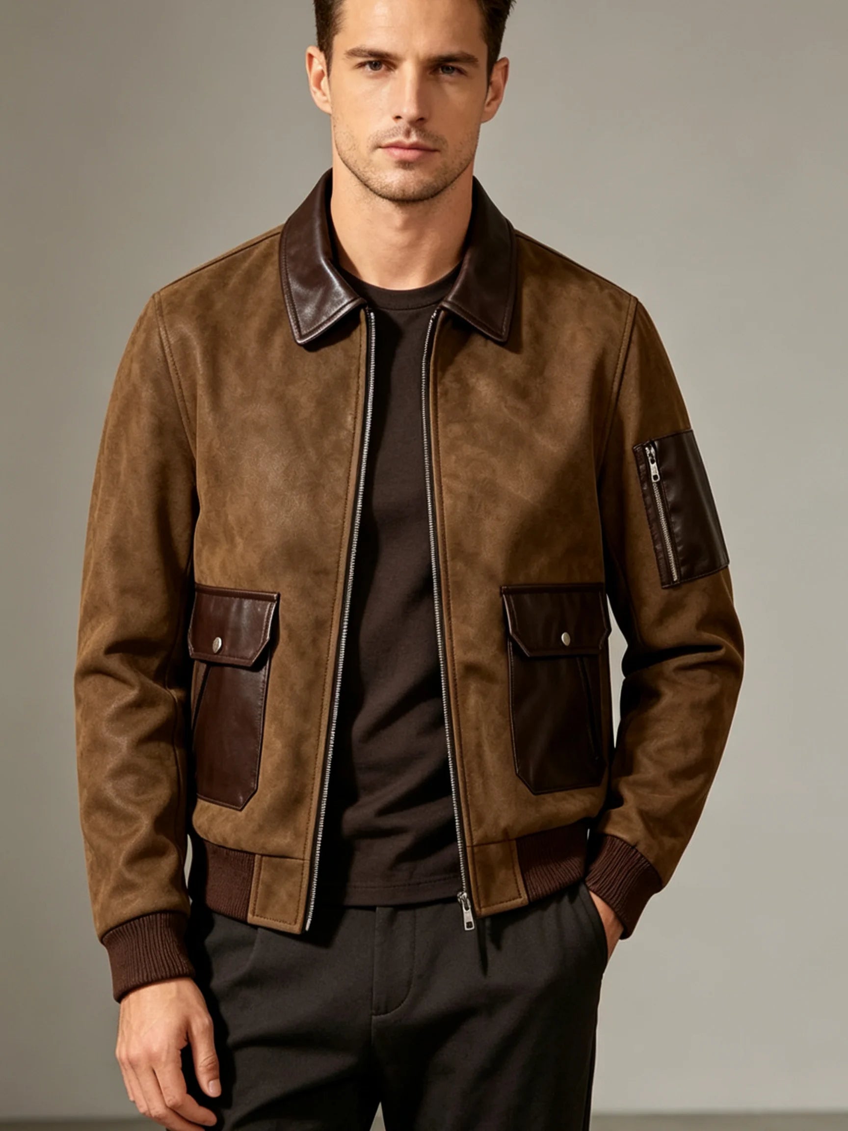 Leather Rib Collar Patchwork Bomber Jacket