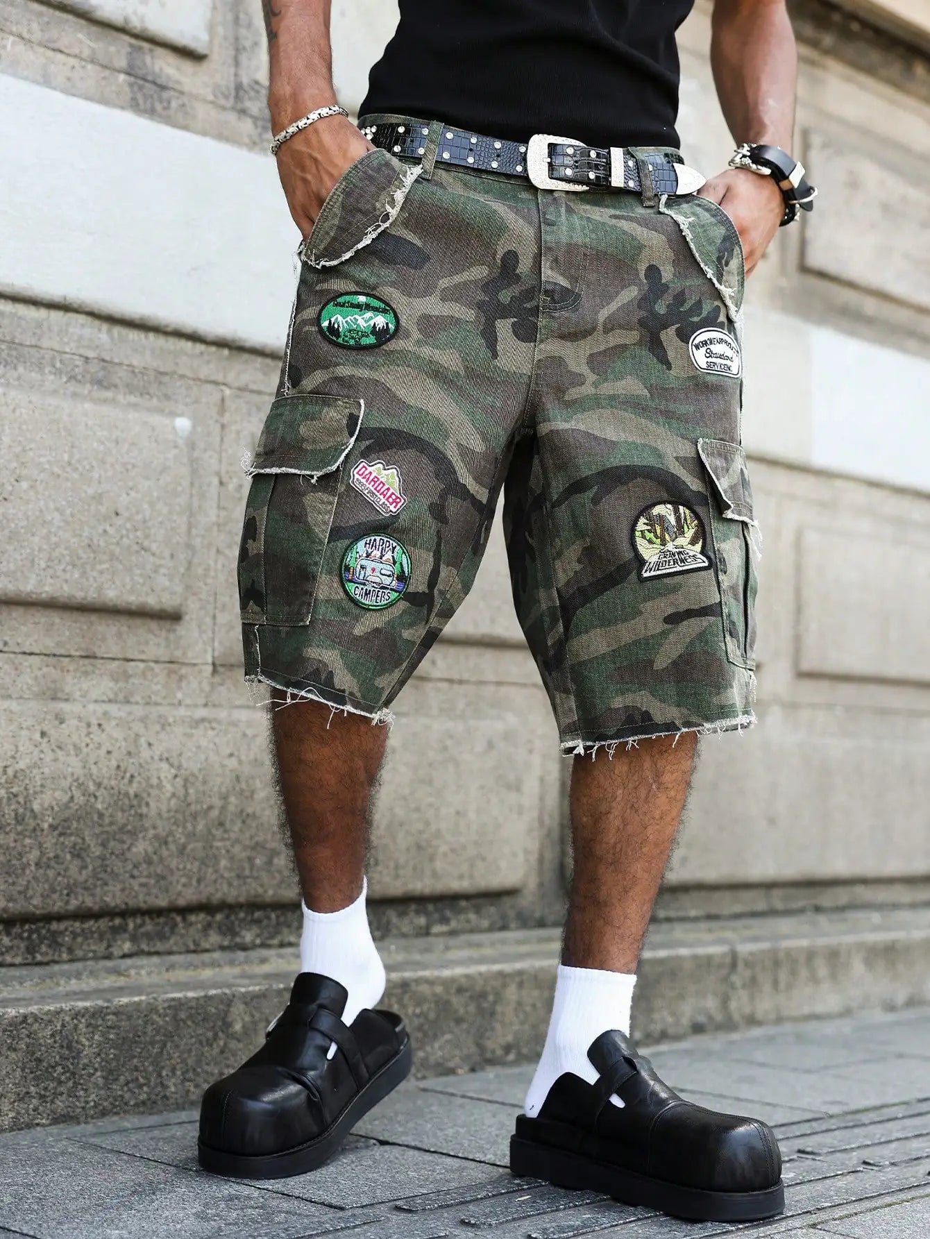 Camouflage Patchwork Denim Shorts