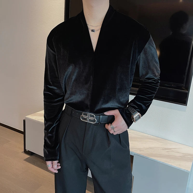 Black Solid V-Neck Velvet T-Shirt