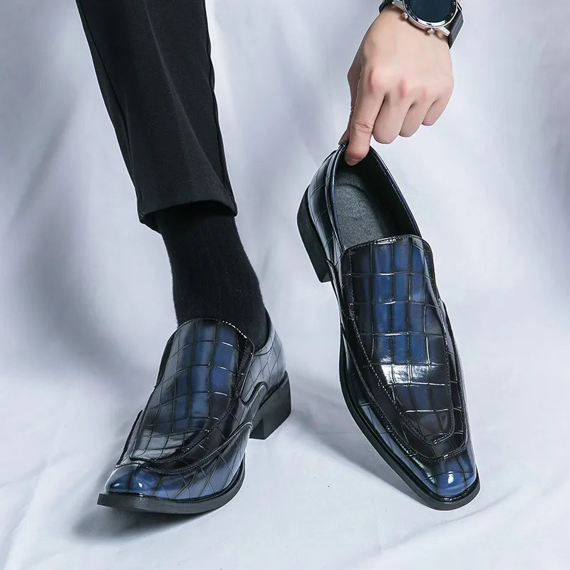 Square-Toe Crocs Skin Pattern Leather Loafers