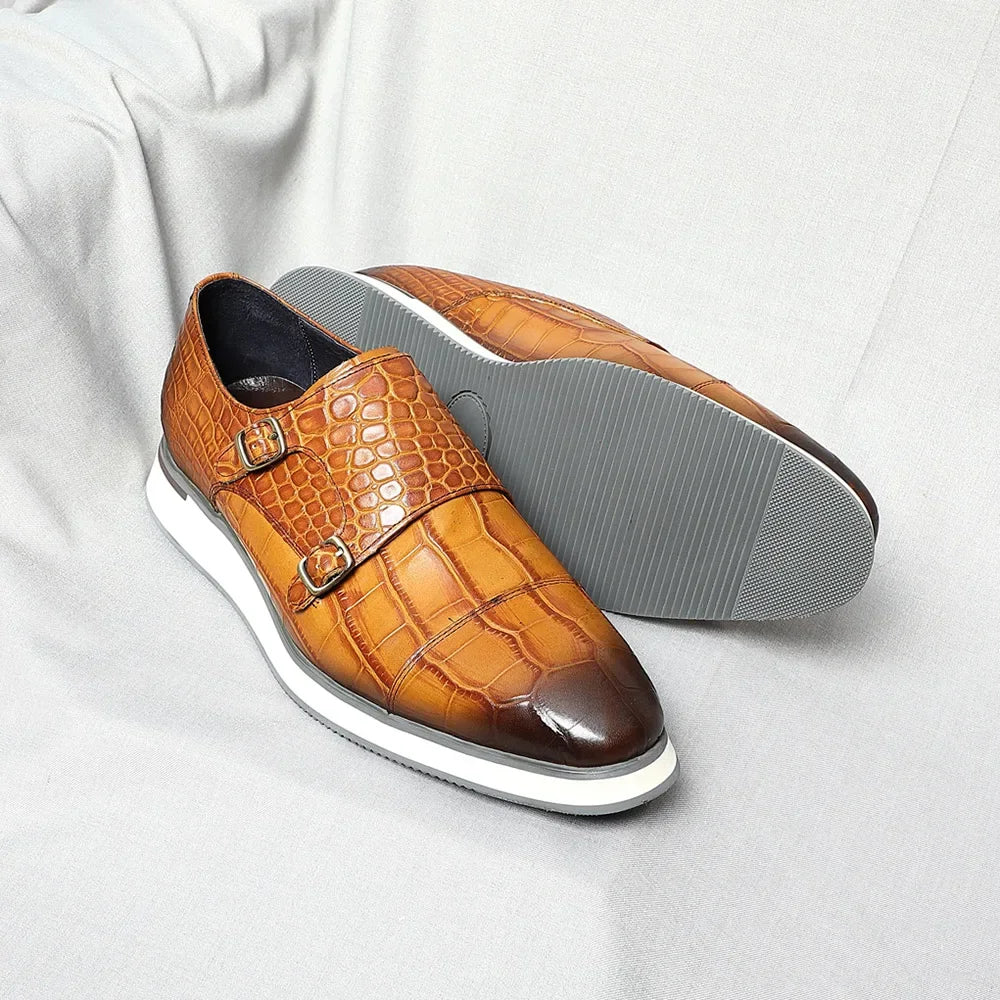 Classic Crocodile Pattern Double Monk Shoes