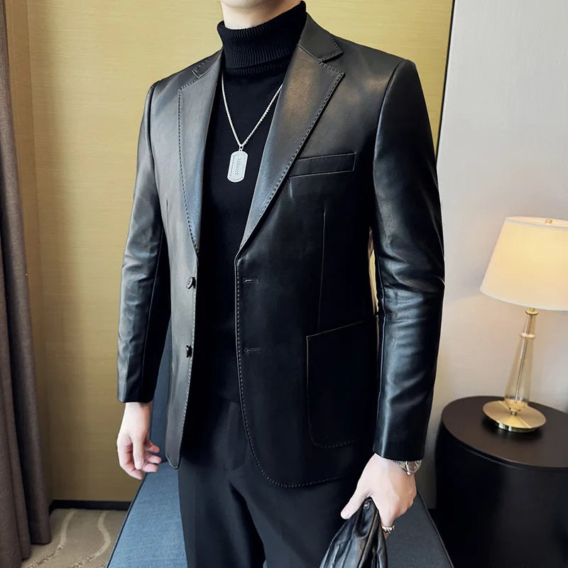 Solid Slim-Fit Faux Leather Men's Blazer