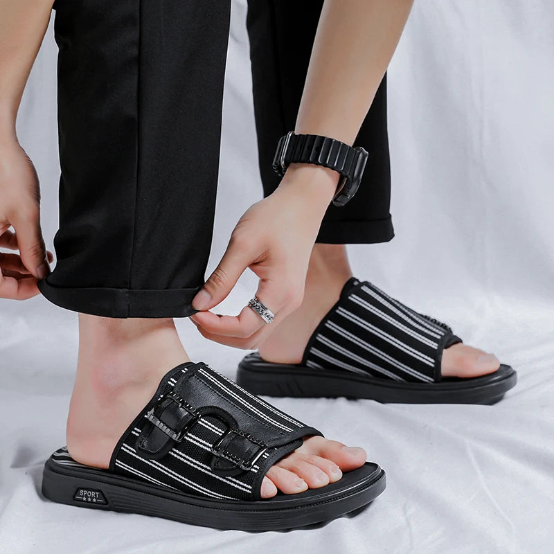 Black Stripes Pattern Canvas Slippers