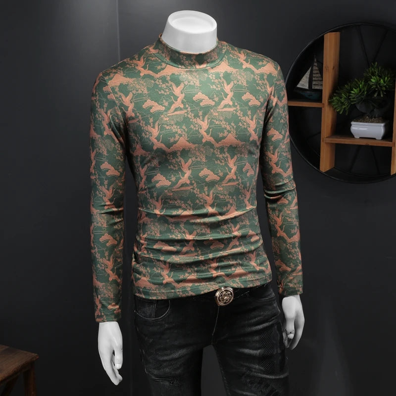 Casual Printed Turtleneck Slim-Fit T-Shirt