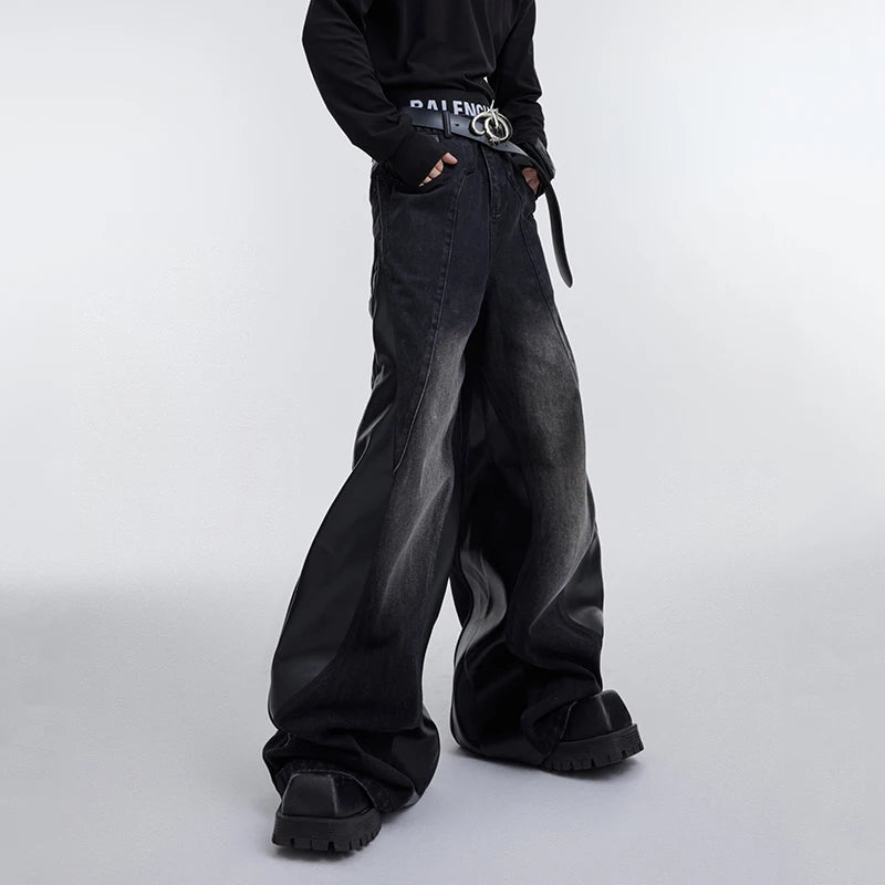Patchwork PU Leather Denim Wide-Leg Jeans