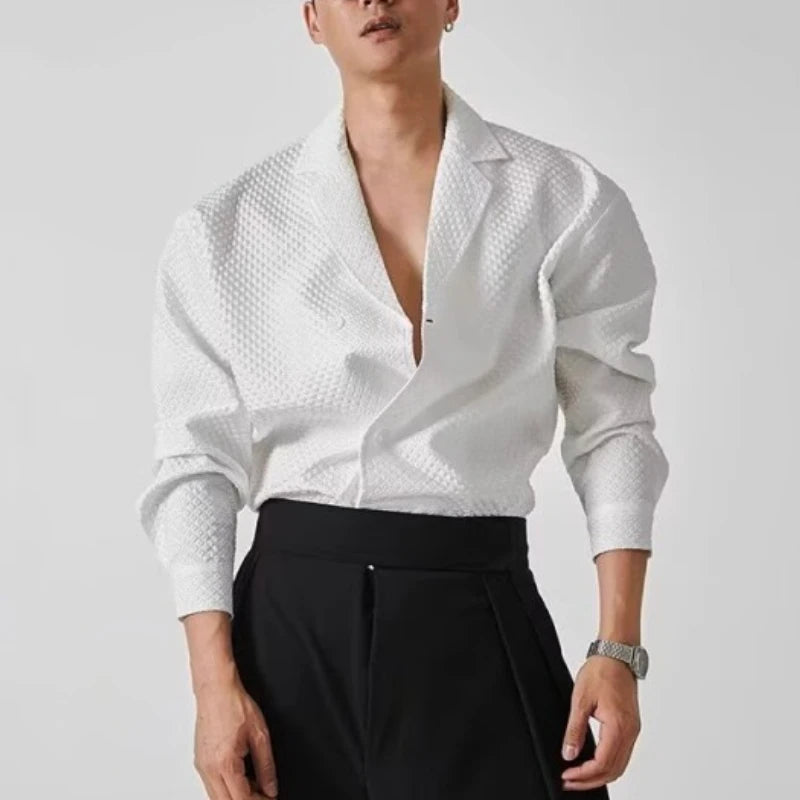 Waffle Suit Collar Long Sleeved Shirt