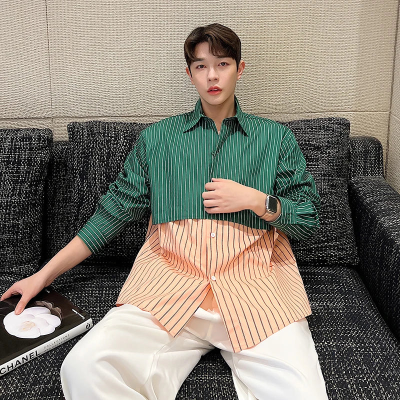 Striped Two-Tone Color Polyester Shirt