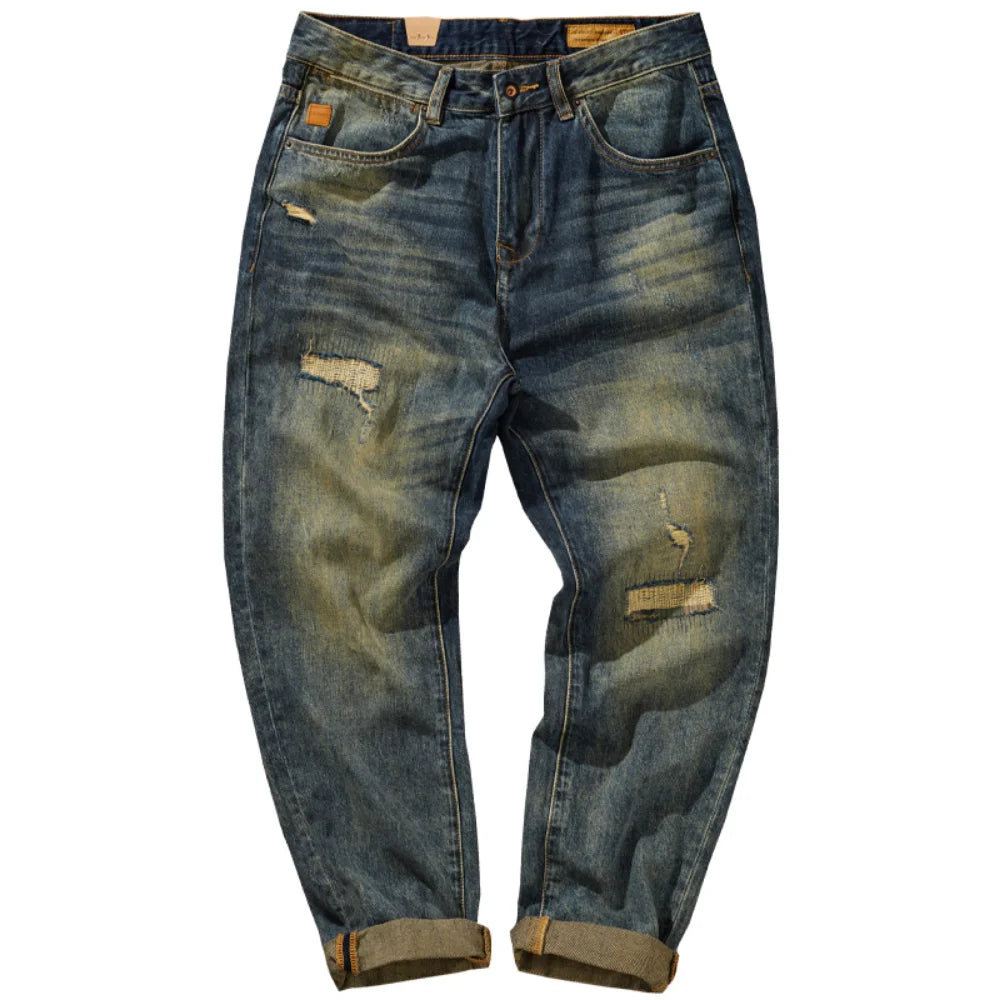 Washed Distressed Tappered Leg Jeans